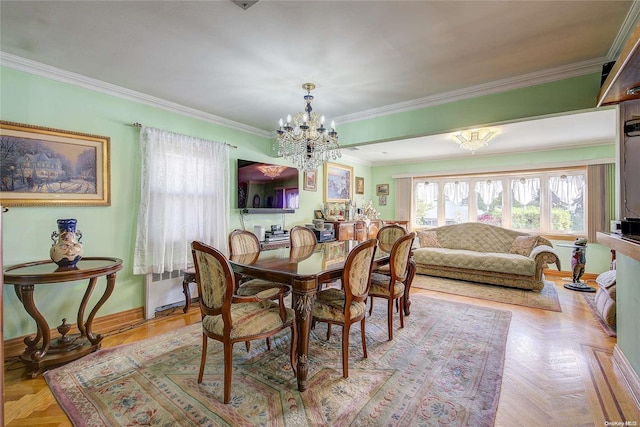 dining area featuring a notable chandelier, ornamental molding, and light parquet floors