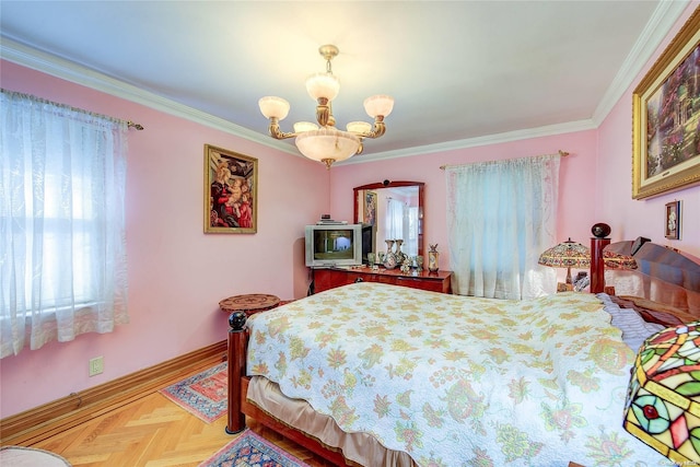 bedroom with parquet flooring, an inviting chandelier, and ornamental molding