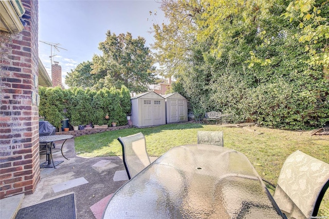 view of patio featuring a storage unit