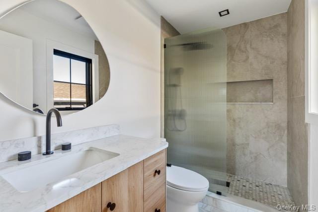 full bathroom with a shower stall, vanity, and toilet