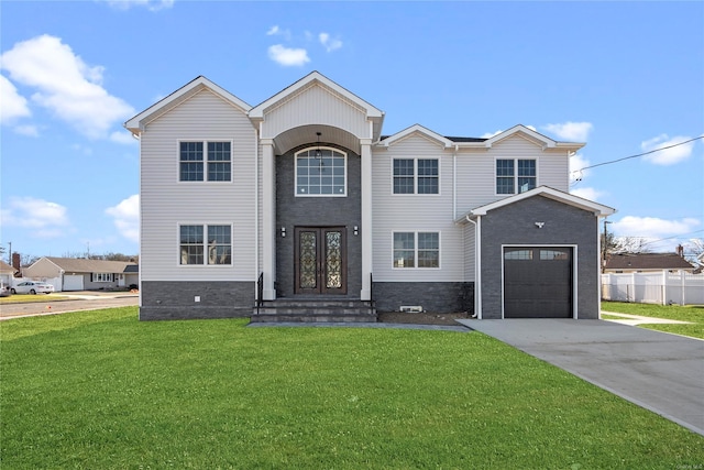 view of front of house featuring french doors, a front lawn, and a garage