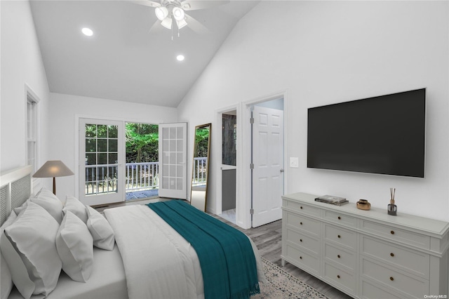 bedroom featuring access to outside, ceiling fan, high vaulted ceiling, and light wood-type flooring