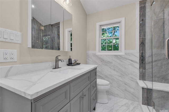 bathroom featuring vanity, toilet, a shower with door, and tile walls