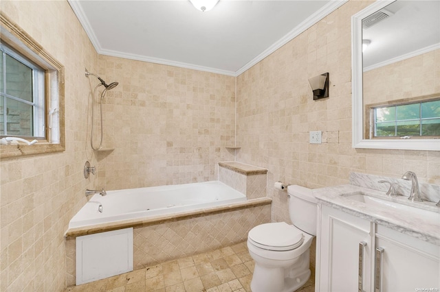 full bathroom featuring tiled shower / bath, tile walls, and crown molding