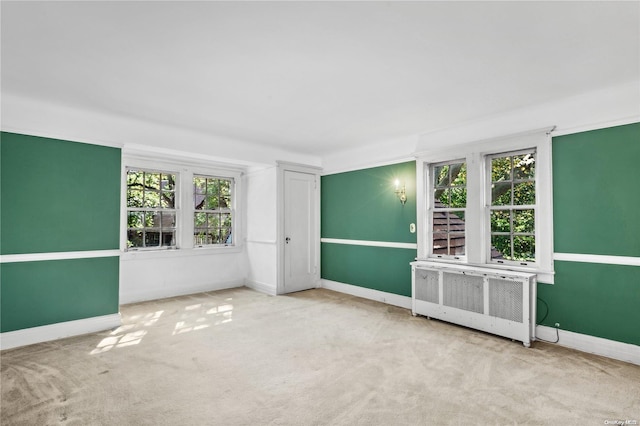 spare room featuring plenty of natural light, light carpet, and radiator