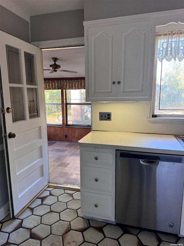 kitchen with dishwasher, white cabinets, and ceiling fan