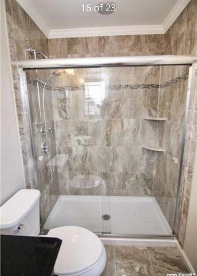 bathroom featuring toilet, crown molding, and walk in shower