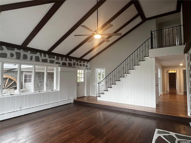 unfurnished living room featuring beamed ceiling, dark hardwood / wood-style floors, high vaulted ceiling, and a baseboard heating unit