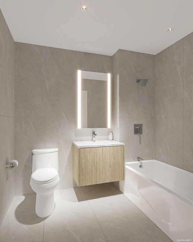 full bathroom featuring tile patterned flooring, toilet, and tile walls