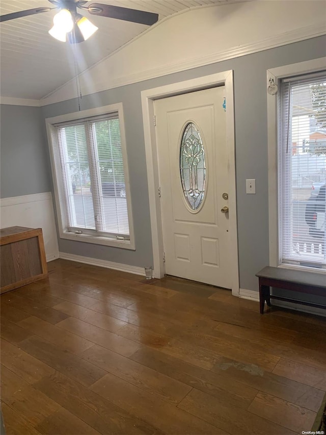 foyer with dark hardwood / wood-style floors, ornamental molding, and a wealth of natural light