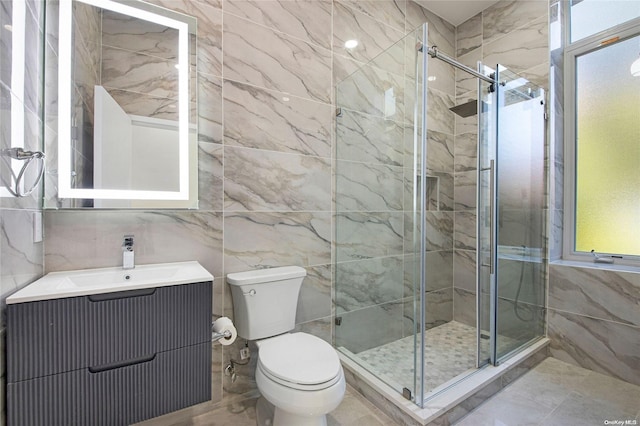 bathroom featuring toilet and tile walls