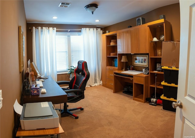 home office with light colored carpet