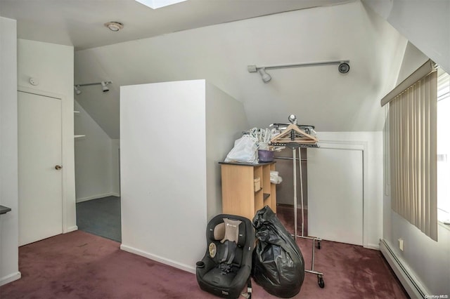 miscellaneous room with dark carpet, baseboard heating, and lofted ceiling