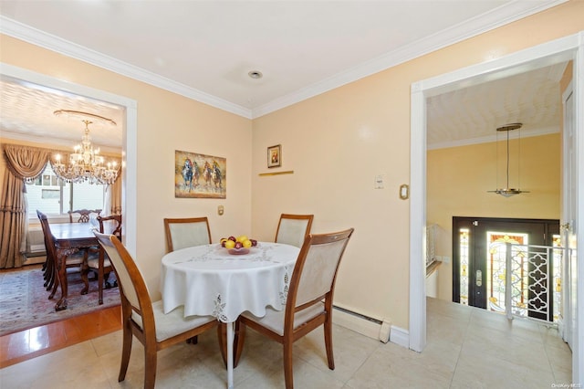 dining room featuring a baseboard heating unit, light hardwood / wood-style flooring, a notable chandelier, and ornamental molding