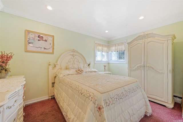 carpeted bedroom with ornamental molding