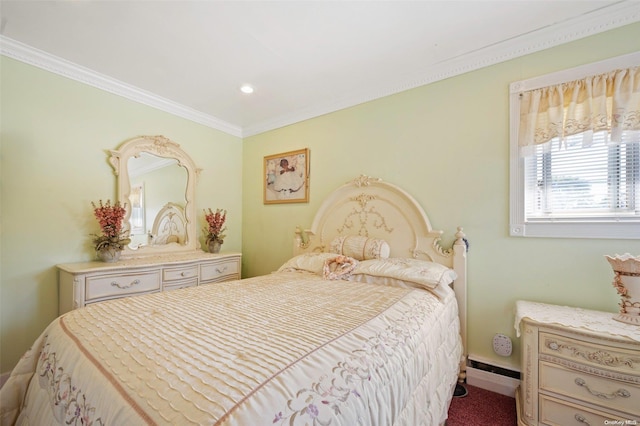 carpeted bedroom with ornamental molding