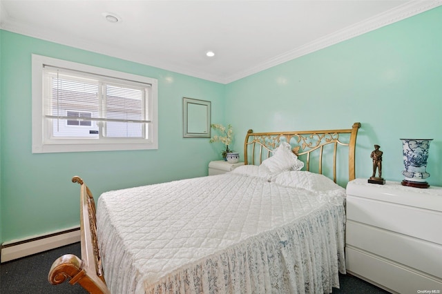 bedroom featuring carpet floors, a baseboard radiator, and ornamental molding