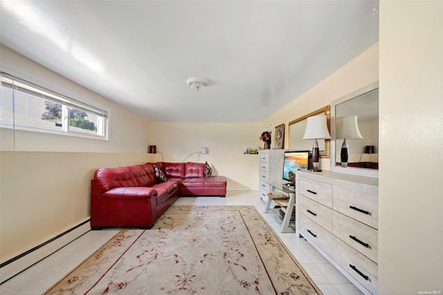 tiled living room featuring a baseboard radiator