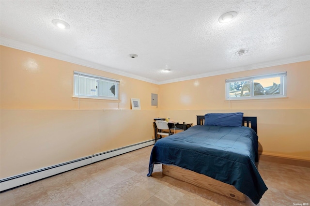 bedroom with a textured ceiling, baseboard heating, and crown molding