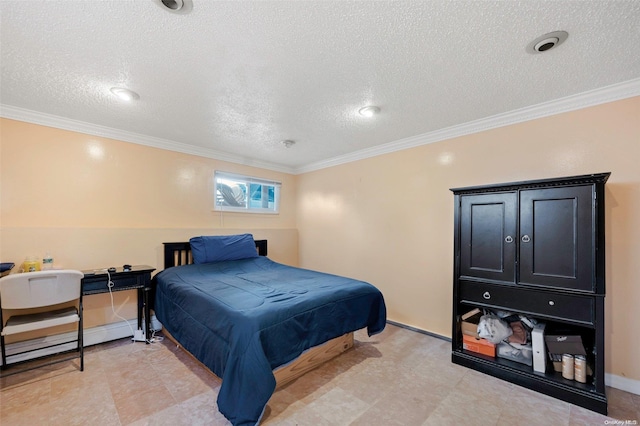 bedroom with a textured ceiling and crown molding