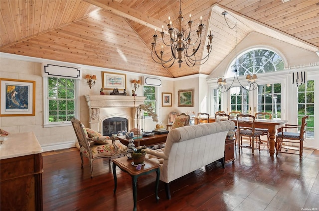 living room with beam ceiling, wooden ceiling, dark wood-type flooring, high vaulted ceiling, and a wall unit AC