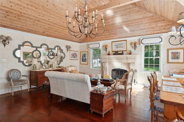 living room featuring dark hardwood / wood-style floors, high vaulted ceiling, a wall mounted AC, and wooden ceiling