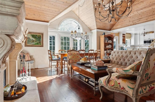 living room with dark hardwood / wood-style flooring, high vaulted ceiling, wood ceiling, and ornamental molding