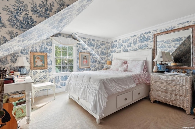 carpeted bedroom featuring crown molding