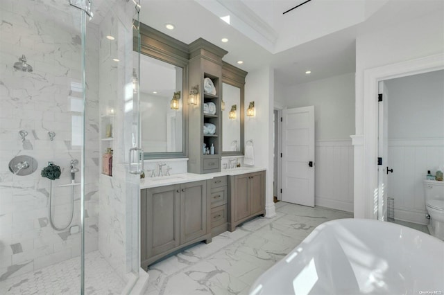 bathroom with shower with separate bathtub, vanity, and ornamental molding