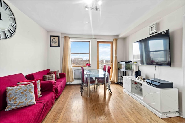 living room with hardwood / wood-style flooring and a baseboard radiator