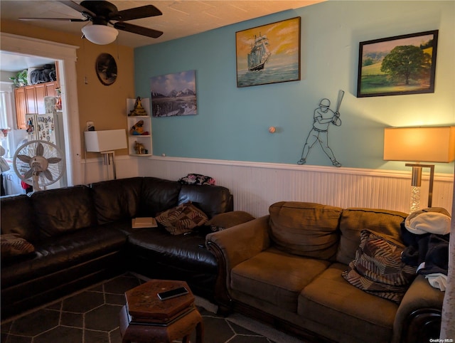 living room featuring ceiling fan