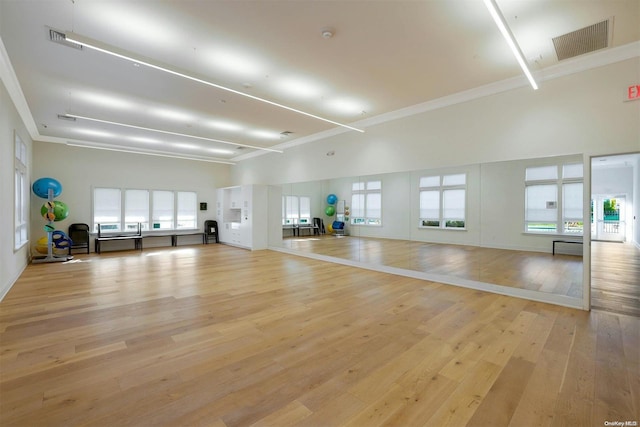 workout area with a healthy amount of sunlight, light wood-type flooring, and crown molding