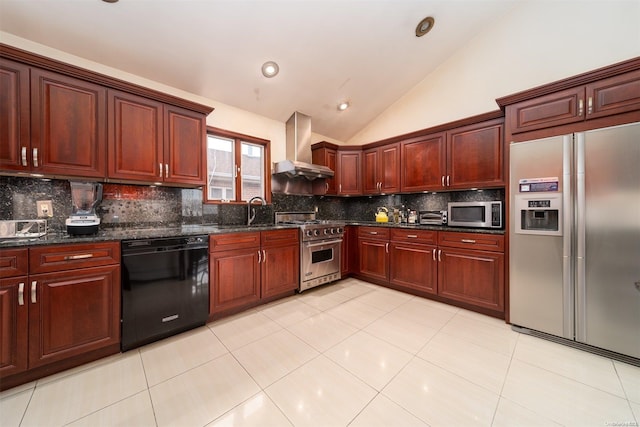 kitchen with backsplash, stainless steel appliances, vaulted ceiling, wall chimney range hood, and dark stone countertops