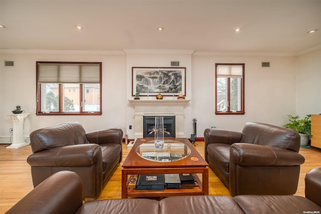 living room with a wealth of natural light, crown molding, light hardwood / wood-style floors, and a baseboard heating unit