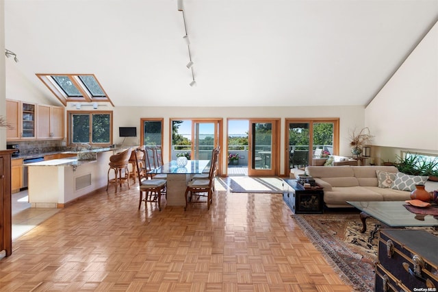 living room with light parquet floors, rail lighting, high vaulted ceiling, and a skylight