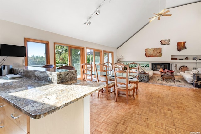 kitchen with stone counters, ceiling fan, high vaulted ceiling, and light parquet flooring