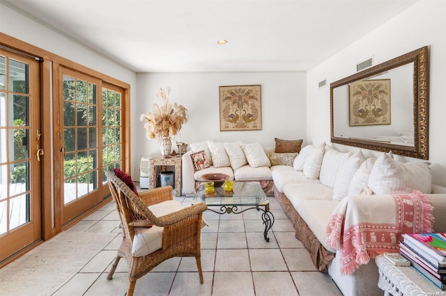 living room featuring light tile patterned floors