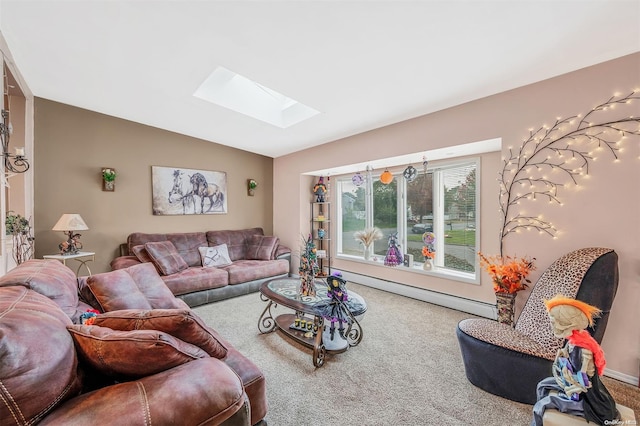 living room with carpet flooring, a baseboard radiator, and lofted ceiling with skylight