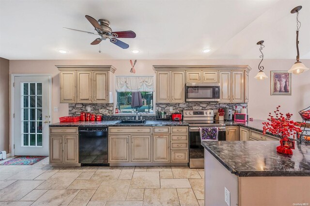 kitchen with appliances with stainless steel finishes, backsplash, ceiling fan, sink, and decorative light fixtures