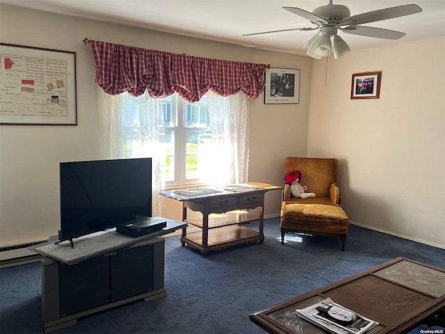 living area featuring ceiling fan and dark carpet