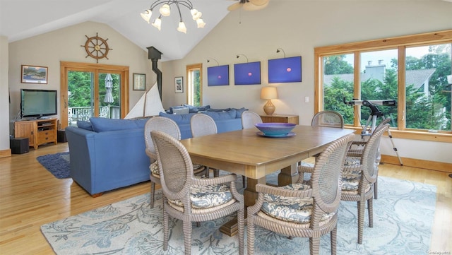 25 Oceanview Dr, Southampton, NY 11968 - dining area with baseboards, a ceiling fan, vaulted ceiling, and light wood-type flooring