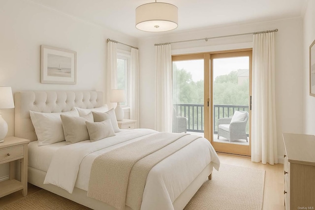 25 Oceanview Dr, Southampton, NY 11968 - bedroom with access to outside, ornamental molding, and light wood-type flooring