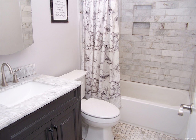 full bathroom with toilet, shower / bath combo, vanity, and tile patterned floors