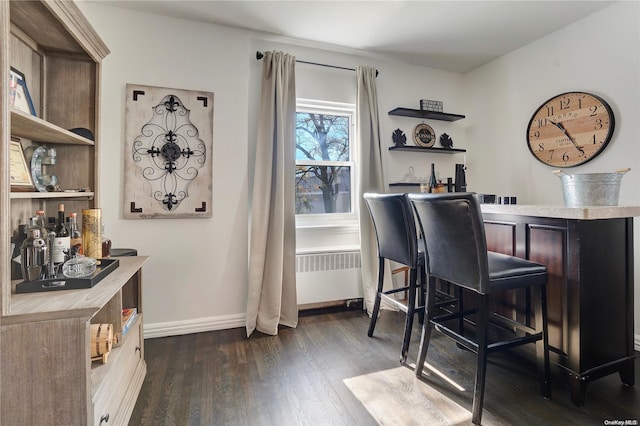 bar with dark brown cabinets, radiator, and dark wood-type flooring