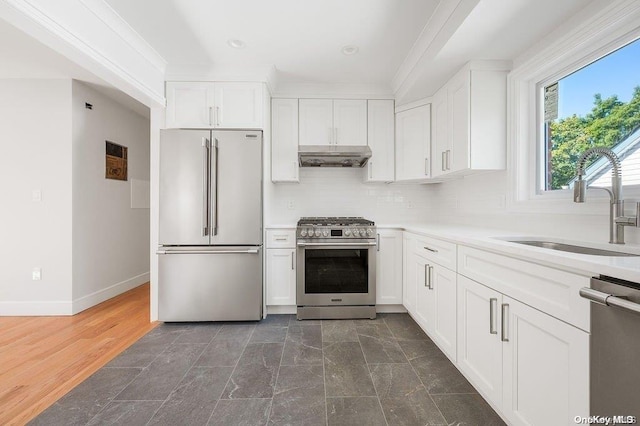 kitchen with decorative backsplash, dark wood-type flooring, sink, high quality appliances, and white cabinetry