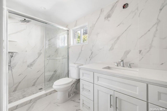 bathroom featuring vanity, toilet, an enclosed shower, and tile walls