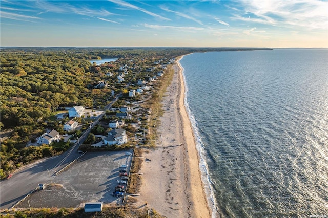 bird's eye view featuring a view of the beach and a water view