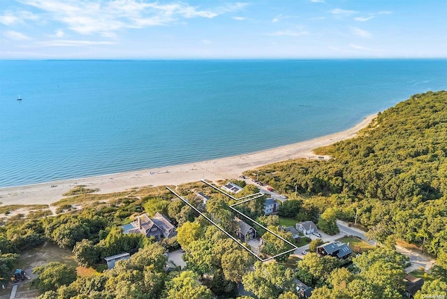 drone / aerial view with a beach view and a water view