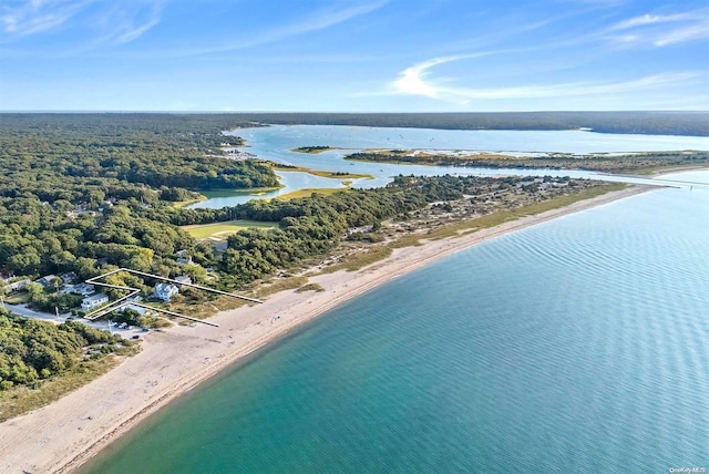 aerial view with a water view and a view of the beach