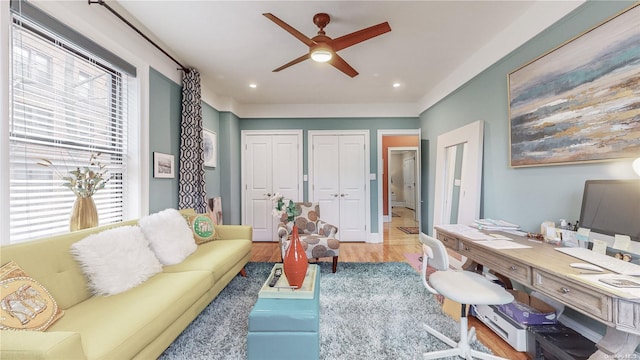 office featuring ceiling fan and hardwood / wood-style flooring